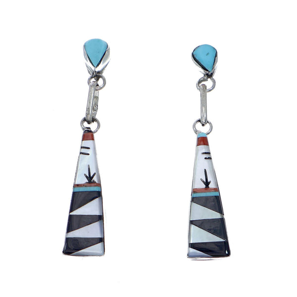 Authentic Zuni Sterling Silver Multicolor Inlay Post Dangle Earrings NX11843