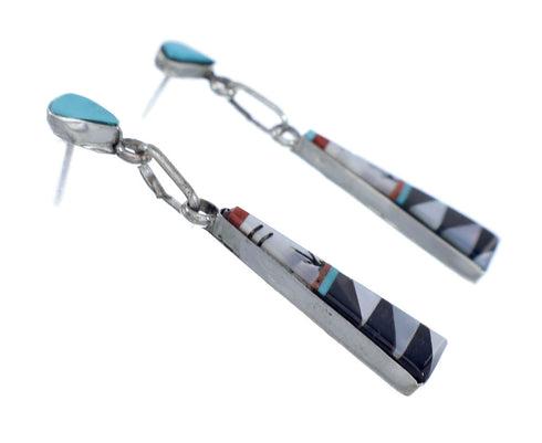 Authentic Zuni Sterling Silver Multicolor Inlay Post Dangle Earrings NX11843