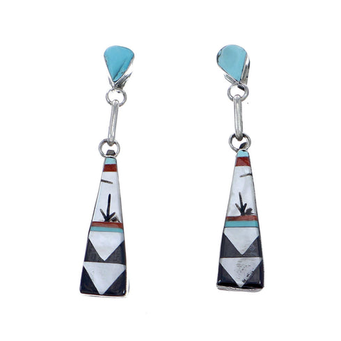 Authentic Zuni Sterling Silver Multicolor Inlay Post Dangle Earrings NX11844