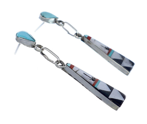 Authentic Zuni Sterling Silver Multicolor Inlay Post Dangle Earrings NX11844