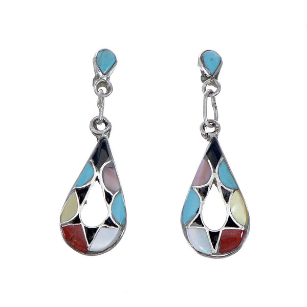 Zuni Multicolor Sterling Silver Post Dangle Tear Drop Earrings NX11826