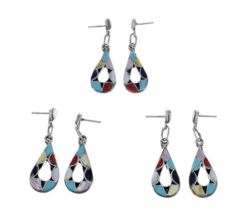 Zuni Multicolor Sterling Silver Post Dangle Tear Drop Earrings NX11826