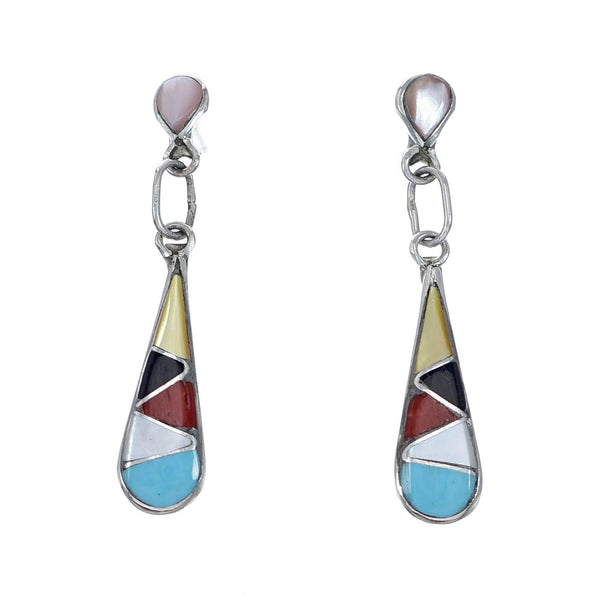 Zuni Native American Multicolor Sterling Silver Post Dangle Earrings NX11838