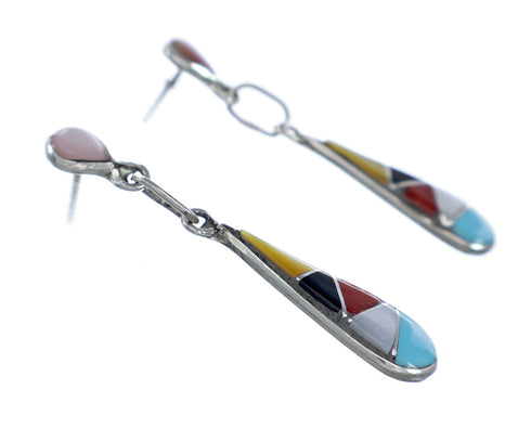 Zuni Native American Multicolor Sterling Silver Post Dangle Earrings NX11838