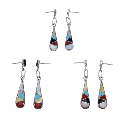 Zuni Native American Multicolor Sterling Silver Post Dangle Earrings NX11838