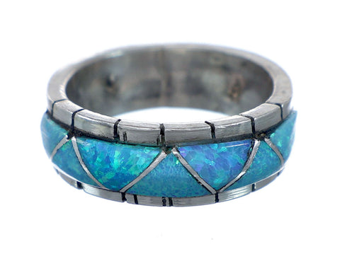Blue Opal Inlay Zuni Sterling Silver Ring Size 7-3/4 NX11827