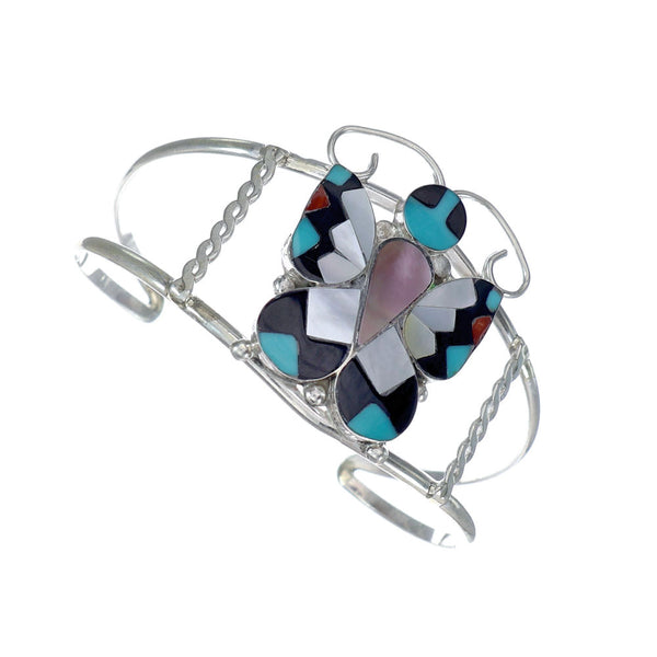 Zuni Indian Multicolor Sterling Silver Butterfly Inlay Cuff Bracelet NX11821