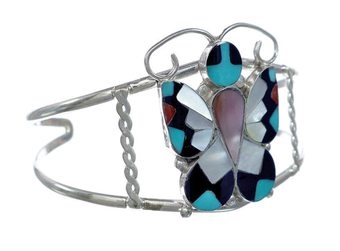 Zuni Indian Multicolor Sterling Silver Butterfly Inlay Cuff Bracelet NX11821