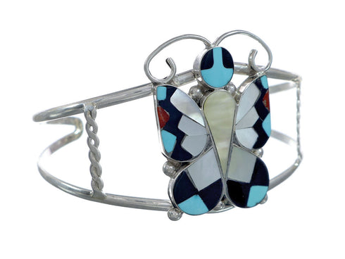 Zuni Indian Multicolor Sterling Silver Butterfly Inlay Cuff Bracelet NX11820