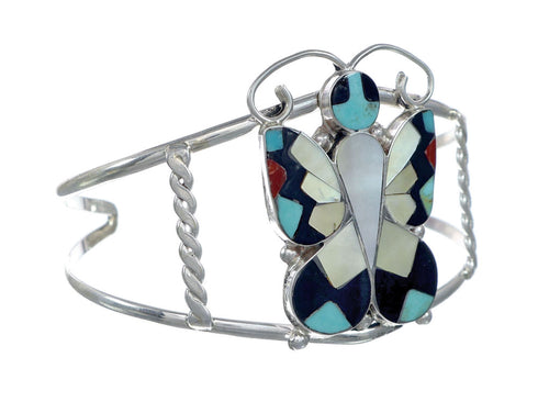 Zuni Indian Multicolor Sterling Silver Butterfly Inlay Cuff Bracelet NX11835