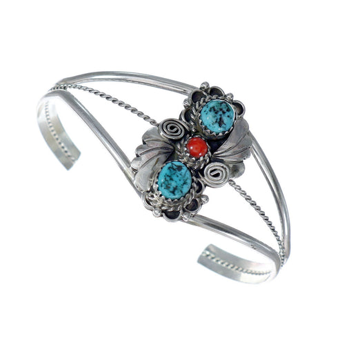 Sterling Silver Turquoise And Coral Navajo Leaf And Flower Cuff Bracelet NX11825