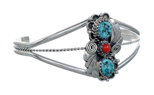 Sterling Silver Turquoise And Coral Navajo Leaf And Flower Cuff Bracelet NX11825