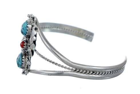 Sterling Silver Turquoise And Coral Navajo Leaf And Flower Cuff Bracelet NX11825