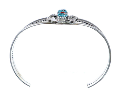 Sterling Silver Turquoise And Coral Navajo Leaf And Flower Cuff Bracelet NX11825