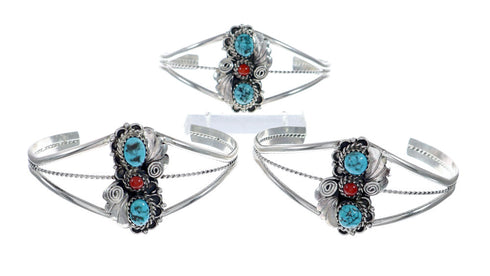 Sterling Silver Turquoise And Coral Navajo Leaf And Flower Cuff Bracelet NX11825