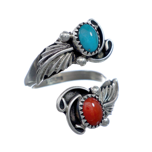 Sterling Silver Turquoise and Coral Navajo Leaf Adjustable Ring Size 7, 8, 9 NN20741