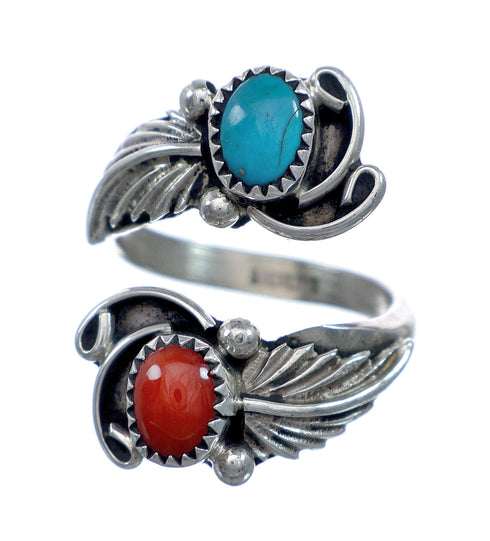 Sterling Silver Turquoise and Coral Navajo Leaf Adjustable Ring Size 7, 8, 9 NN20741