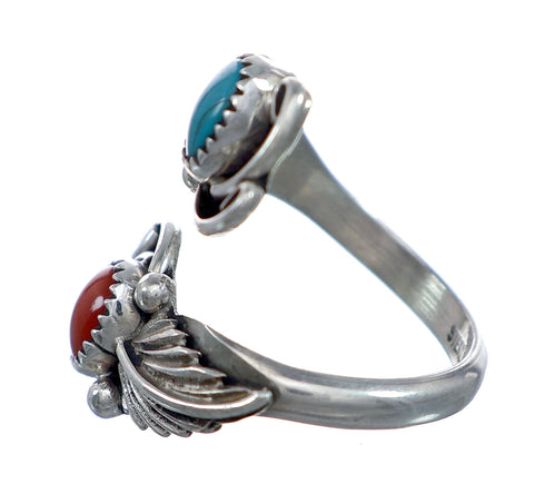 Sterling Silver Turquoise and Coral Navajo Leaf Adjustable Ring Size 7, 8, 9 NN20741