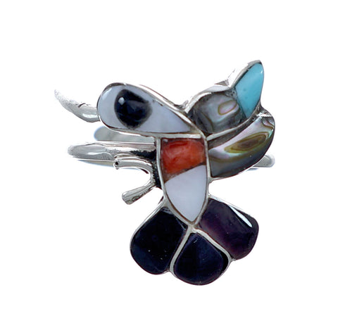 Zuni Multicolor Inlay Genuine Sterling Silver Hummingbird Ring Size 7-3/4 NN20806