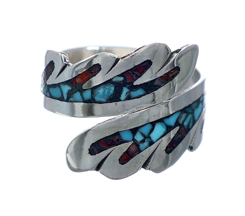 Sterling Silver Turquoise Coral Chip Inlay Adjustable Native American Ring Size 8,9,10 NN20746