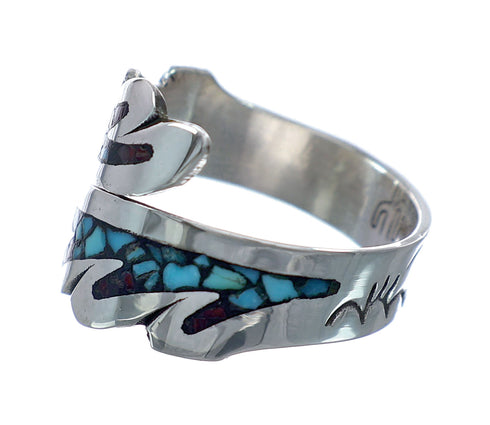 Sterling Silver Turquoise Coral Chip Inlay Adjustable Native American Ring Size 8,9,10 NN20746