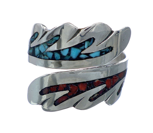 Sterling Silver Turquoise Coral Chip Inlay Adjustable Native American Ring Size 8,9,10 NN20747