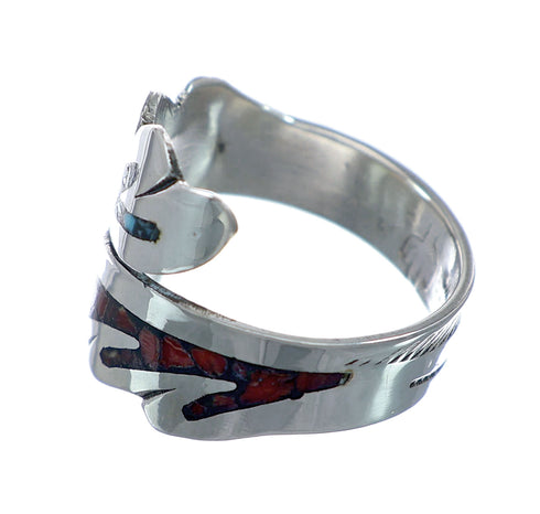 Sterling Silver Turquoise Coral Chip Inlay Adjustable Native American Ring Size 8,9,10 NN20747