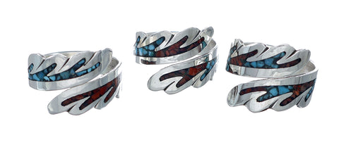 Sterling Silver Turquoise Coral Chip Inlay Adjustable Native American Ring Size 8,9,10 NN20747