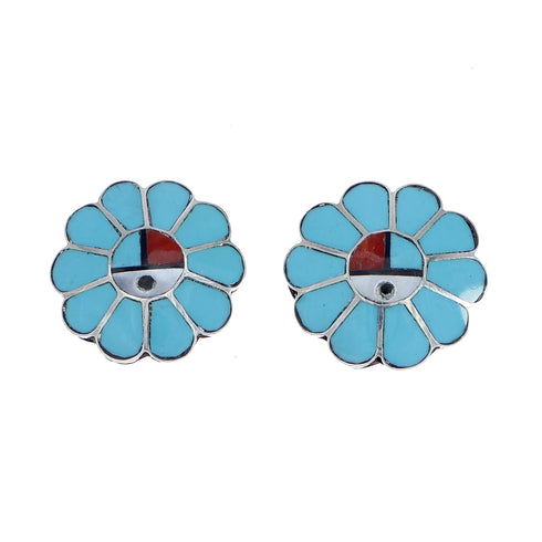Zuni Multicolor Inlay Sunface Sterling Silver Post Earrings NN20744