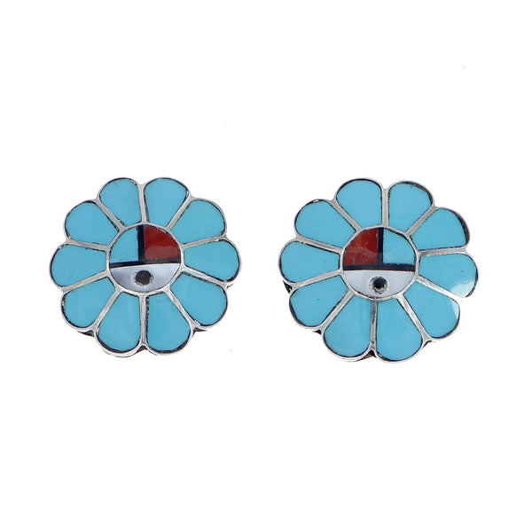 Zuni Multicolor Inlay Sunface Sterling Silver Post Earrings NN20744