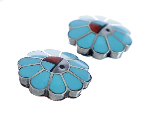Zuni Multicolor Inlay Sunface Sterling Silver Post Earrings NN20744