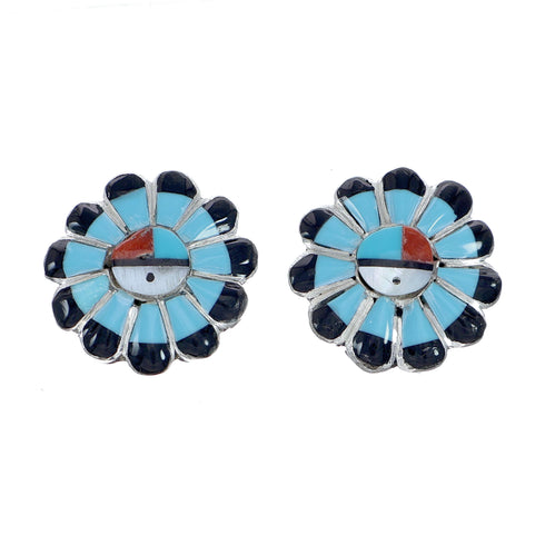 Zuni Multicolor Inlay Sunface Sterling Silver Post Earrings NN20743