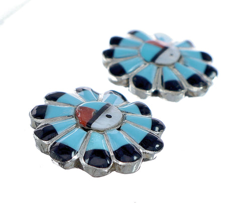 Zuni Multicolor Inlay Sunface Sterling Silver Post Earrings NN20743