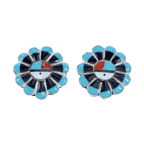 Zuni Multicolor Inlay Sunface Sterling Silver Post Earrings NN20742
