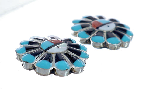 Zuni Multicolor Inlay Sunface Sterling Silver Post Earrings NN20742