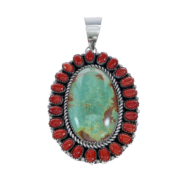 Native American Turquoise and Coral Multi-Stone Sterling Silver Pendant NN20708