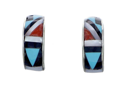 Multicolor Inlay Zuni Indian Sterling Silver Post Hoop Earrings NX11935