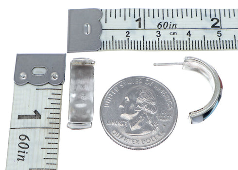 Multicolor Inlay Zuni Indian Sterling Silver Post Hoop Earrings NX11935