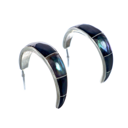 Native American Zuni Abalone Shell Sterling Silver Post Hoop Earrings NX11942