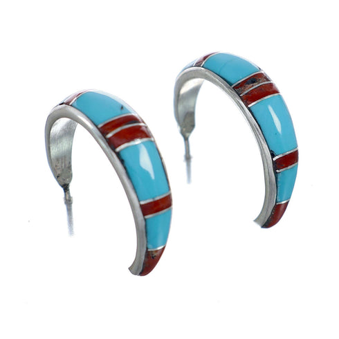 Multicolor Inlay Zuni Indian Sterling Silver Post Hoop Earrings NX11943