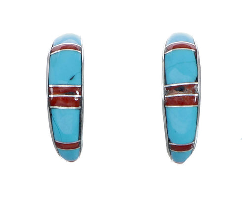 Multicolor Inlay Zuni Indian Sterling Silver Post Hoop Earrings NX11943