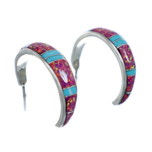 Native American Turquoise And Opal Zuni Sterling Silver Post Hoop Earrings NX11941