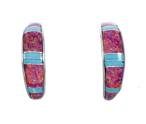 Native American Turquoise And Opal Zuni Sterling Silver Post Hoop Earrings NX11941