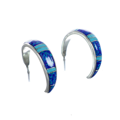 Turquoise And Opal Zuni Sterling Silver Post Hoop Earrings NX11931