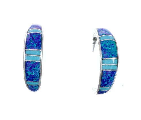 Turquoise And Opal Zuni Sterling Silver Post Hoop Earrings NX11931