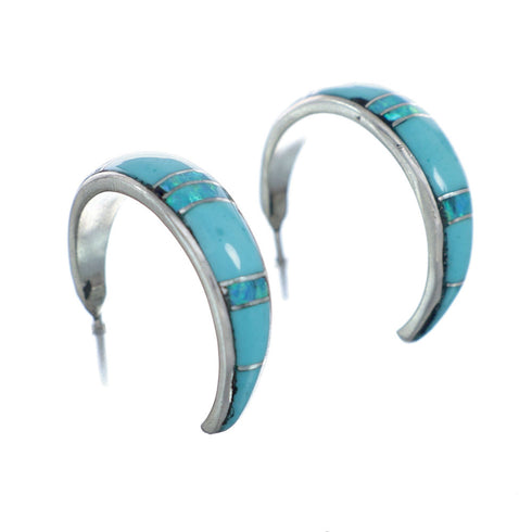 Native American Zuni Turquoise And Opal Sterling Silver Post Hoop Earrings NX11933
