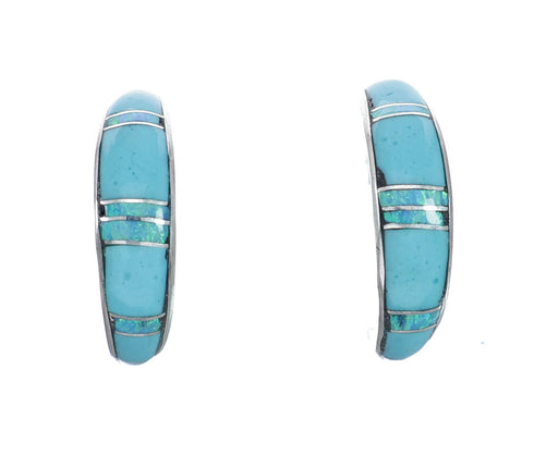 Native American Zuni Turquoise And Opal Sterling Silver Post Hoop Earrings NX11933