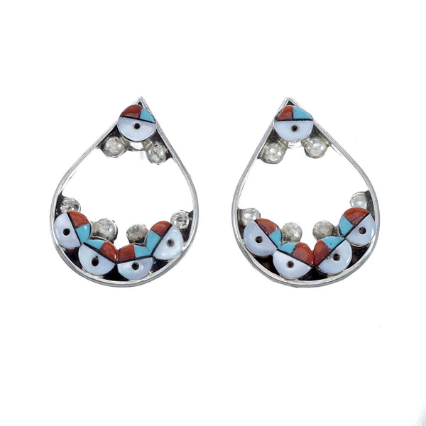 Genuine Zuni Multicolor Inlay Sunface Sterling Silver Post Earrings NX11947