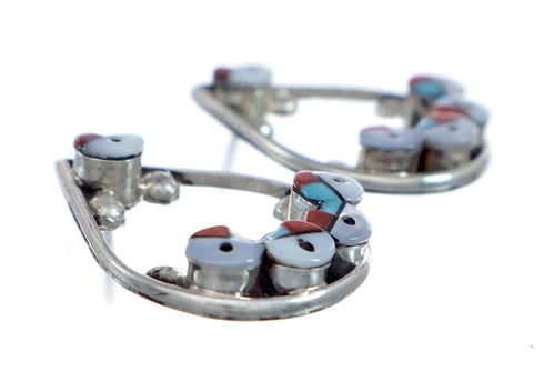 Genuine Zuni Multicolor Inlay Sunface Sterling Silver Post Earrings NX11947