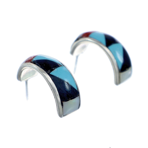 Multicolor Inlay Zuni Indian Sterling Silver Post Hoop Earrings NX11936